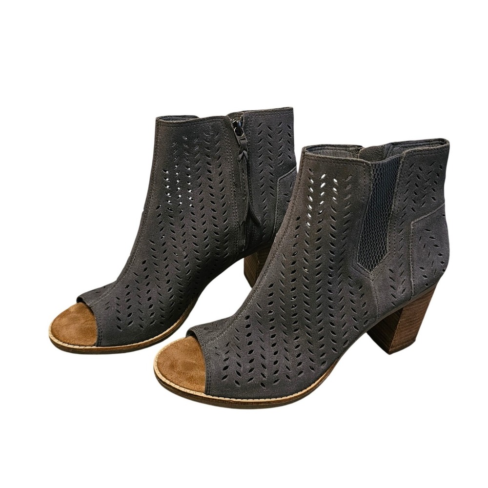 TOMS Majorca Gray Suede Perforated Peep Toe Block Heel Booties Womens 10 W